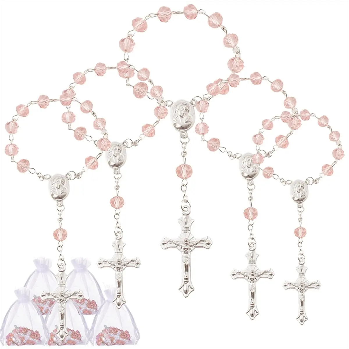 Image of (AIMA) 30er-Pack Tauf-Rosenkranzperlen Mini-Rosenkränze Taufgeschenke für Auto-Rückspiegel Hochzeiten Erstkommunion Geschenk Rosa