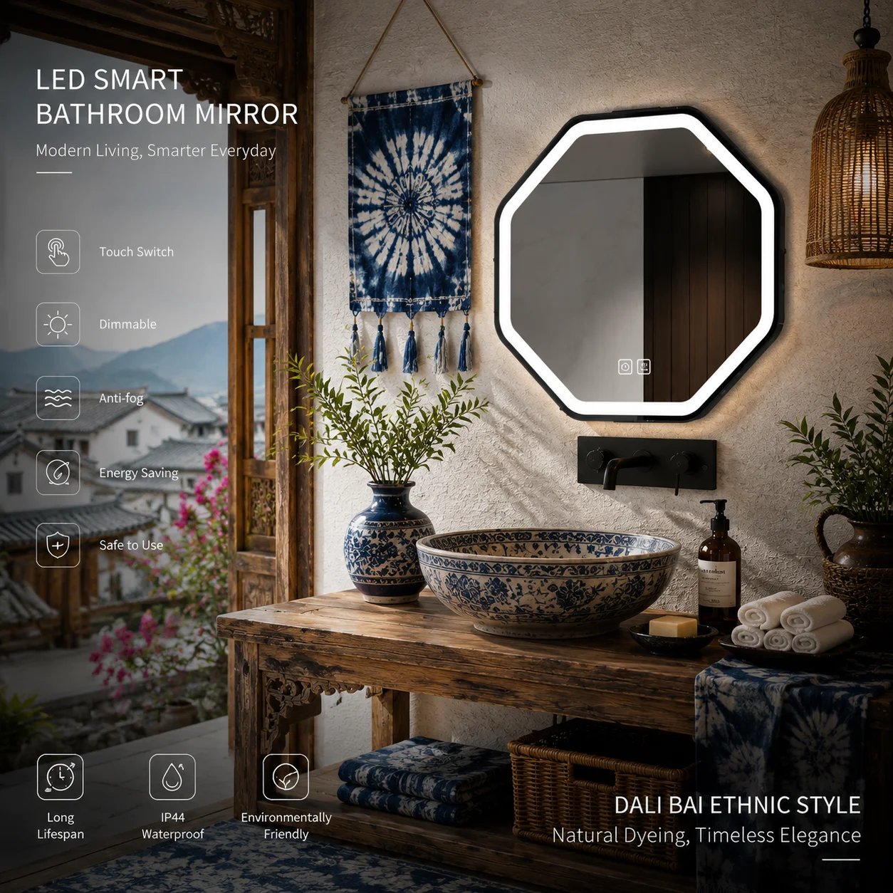 70cm Octagonal LED Bathroom Mirror Anti Fog Dimmable 3 Color Light IP44 110-220V WallMount Aluminum Frame Gold White Black