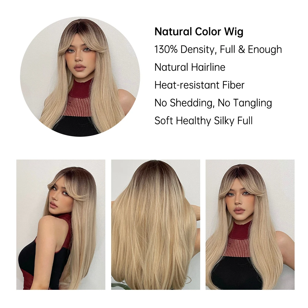 Brown Blonde Ombre Synthetic Wigs Long Straight Cosplay Party Wig with Bangs High Temperature Natural Fake Hair for Women