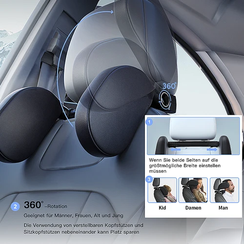 Imagen 2 del producto Ergonómico 360 °   Almohada cervical automática ajustable con espuma viscoelástica y almohadillas laterales, reposacabezas para dormir con un solo clic para viajes en coche, BMW Benz