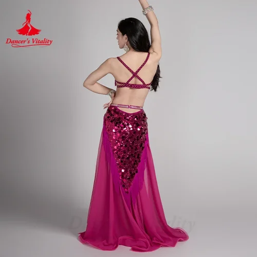 Imagen 2 del producto Conjunto de danza del vientre para mujer, sujetador personalizado con borlas y piedras AB para personas mayores + Falda larga de gasa con lentejuelas, traje de actuación de danza del vientre de 2 uds.