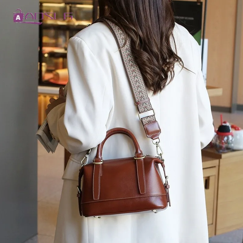 Real Leather Womens Handbag Retro Planted Top Layer Cowhide Ethnic Style Wide Strap Crossbody Bags Ladies Shoulder Bag Korean