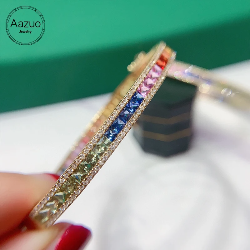 Aazuo 18K Yellow Gold Natrual Real Diamonds Clour Sapphires Square Rainbow Bangle For Woman Upscale Trendy Engagement Party