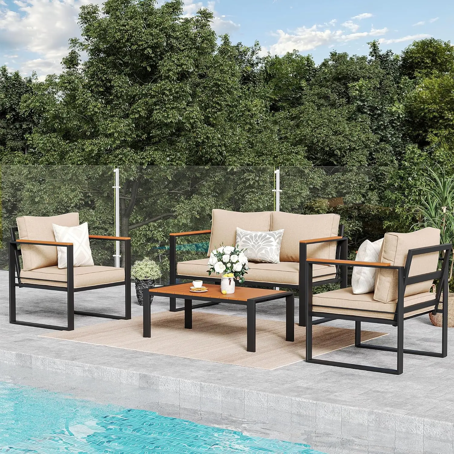 

4 Pieces Patio Furniture Set, Metal Patio Conversation Set, Outdoor Furniture Set with Thicken Cushion and Plastic-Wood