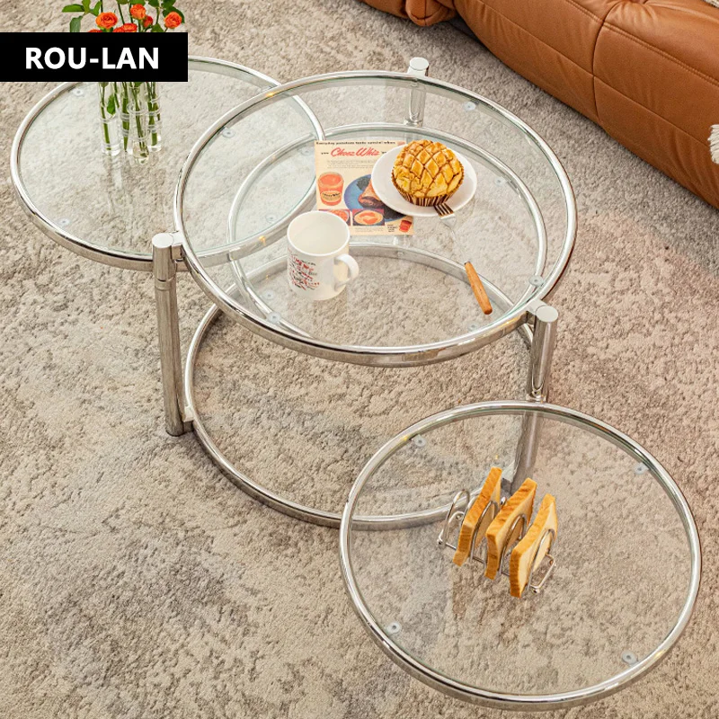 Tempered Glass Coffee Table Household Stainless Steel Tea Table Light Luxury Living Room With Movable Rotating Edge Table