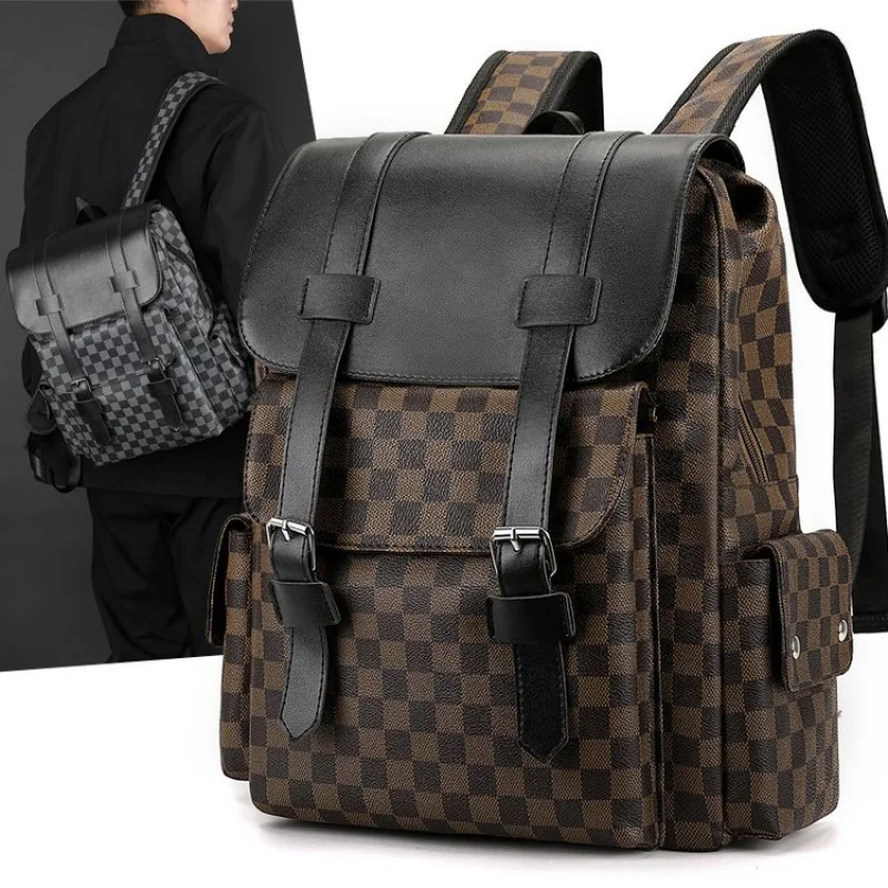 

Рюкзак из искусственной кожи для мужчин, роскошный клетчатый компьютерный рюкзак, водонепроницаемый, большой вместимости, рюкзак для студентов