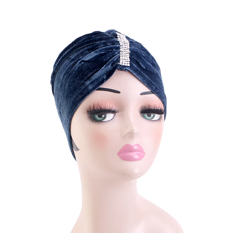 Winter Velvet Diamonds Turban Cap For Women Muslim Headscarf Bonnet Elastic Female Chemo Cap Hair Loss Bandana African Head Wrap