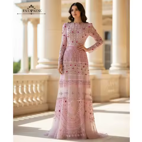 FATAPAESE Fully Crystals Gems Haute Couture Evening Dresses Pink Long Sleeve Saudi Arabia Dress for Ramadan Wedding Guest Dress
