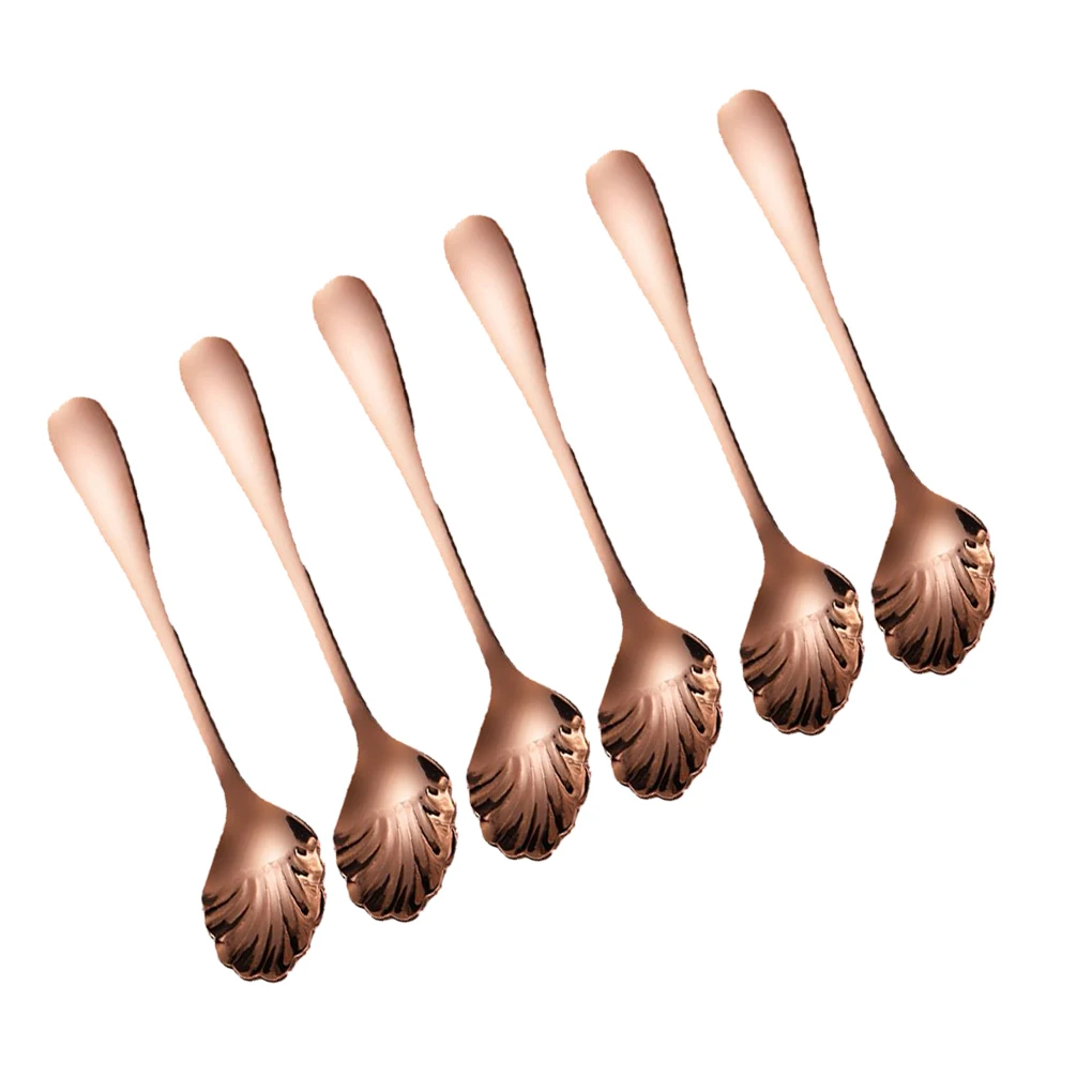 6pcs Teaspoon Vintage Style Fork Shell Shape Cutlery Set Tableware Kitchen Portable Printed Spoon Sugar Type 4