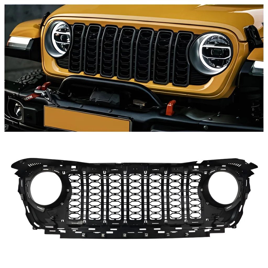 Front Mesh Grille Grid Grill for 2018-2024 Jeep Wrangler Rubicon Sahara Sport JL/JT Without Camera Hole Black Plastic