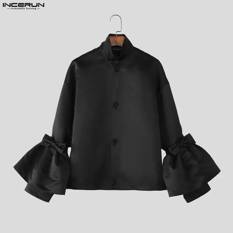 

INCERUN Men Shirt Solid Color Stand Collar Long Sleeve Bowknot Tops Streetwear Camisas 2026 Spring Fashion Casual Men Clothing
