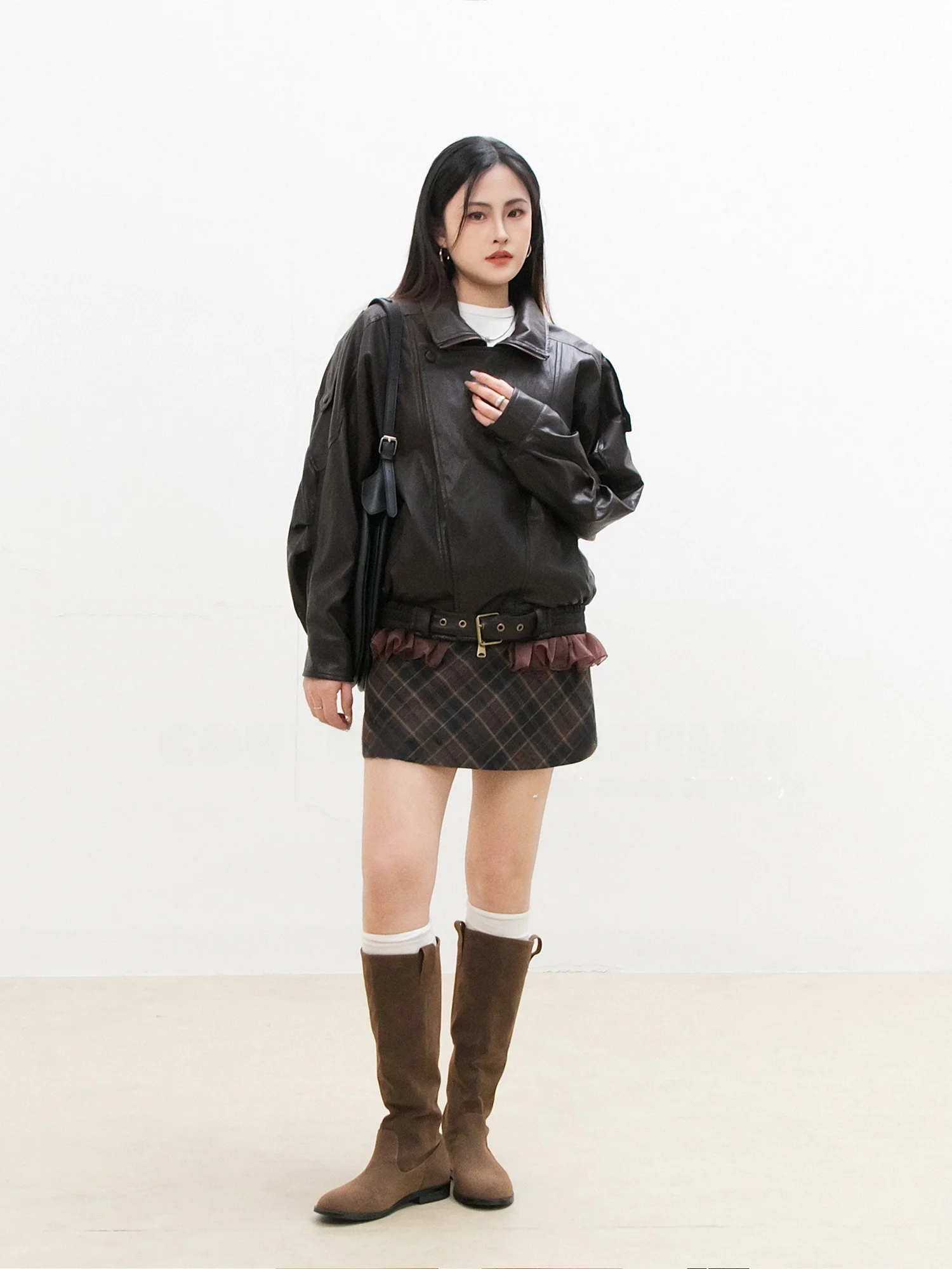 Retro Hong Kong Sle ort Lace Splice Jaet Dames lente herfst ontwerp Sense Stand Collar leren jas Cool en Sli