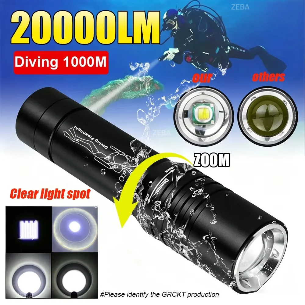 2026New20000LM Scuba Diving Flashlight ZOOM Diving Light Underwater High Power Torch Light Waterproof for Video Shooting Fishing