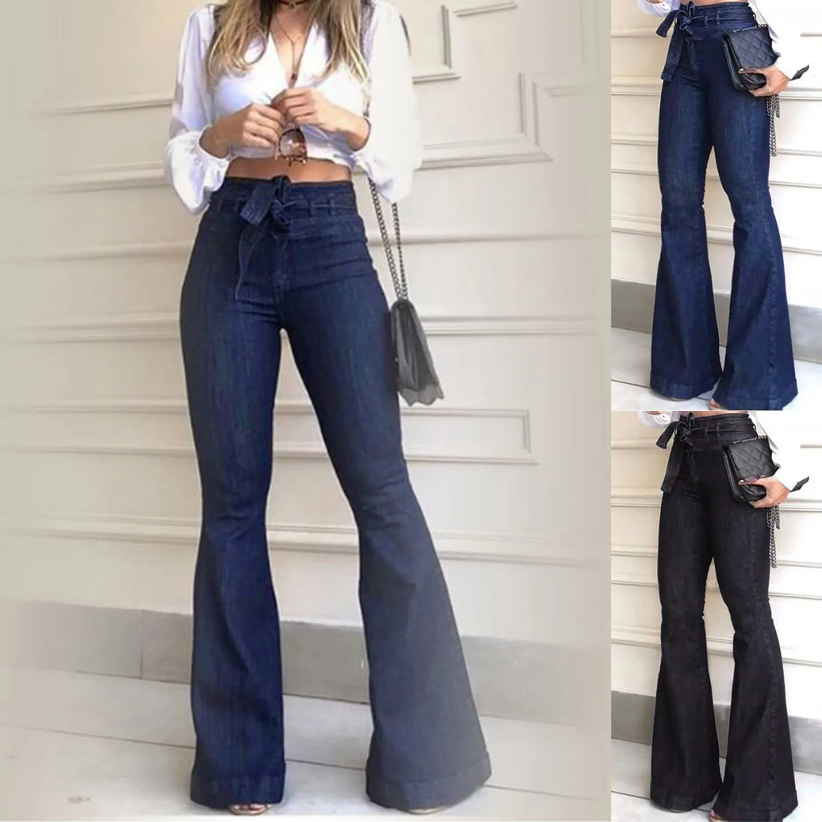 

Women Jeans High Waist Lace Up Flared Jeans Slim Fit Lift Buttocks Denim Pants Fashion Elegant Commuter Casual Wide Leg Jeans