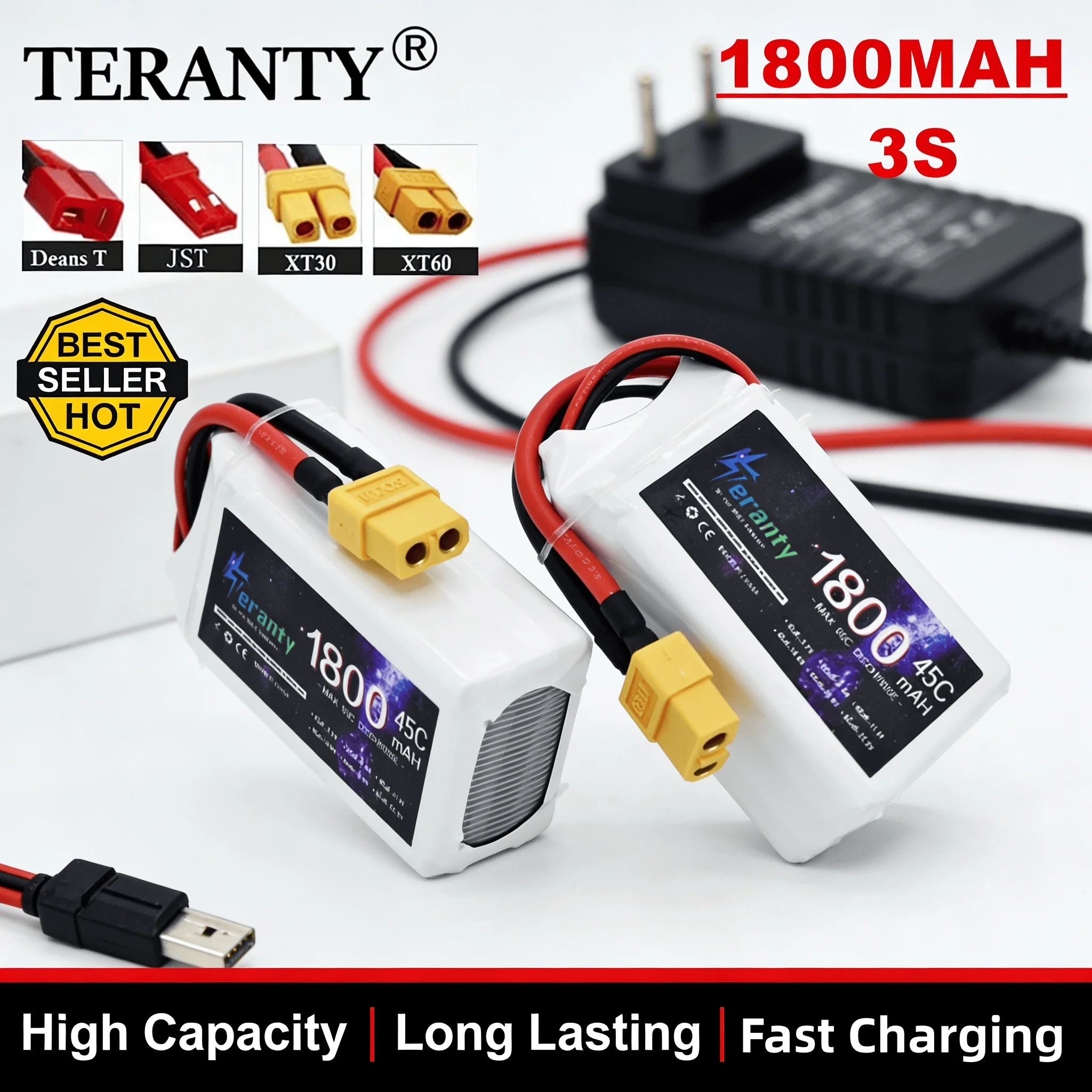 

TERANTY 3S 11.1V 1800mAh 45C LiPo Battery with XT60 Plug,High Rate for FPV Racing Drone,RC Car, Boat, Rechargeable 11.1V Bateria