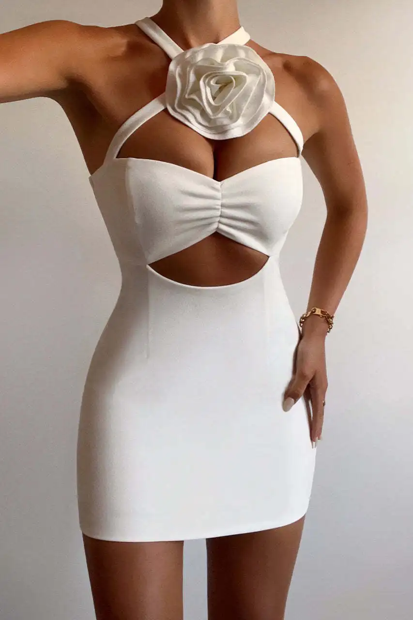 

Women 3D Flower Halter Neck Bodycon Mini Dress Summer Elegant Sleeveless Solid Color Cocktail Evening Party Dress Y2K Fairycore