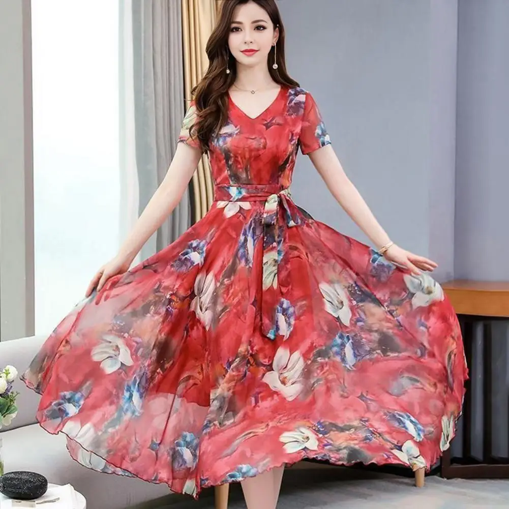 Women Party Dress Elegant Floral Print Maxi Dress A-line Big Swing Summer Dresses Retro Ice Silk Pleated Prom Evening Dress