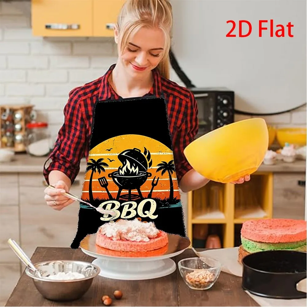 Vintage BBQ Life Apron, Retro Sunset Palm Tree Grill Print Waterproof Kitchen Bib, Funny Summer Outdoor Cooking Gift for Men