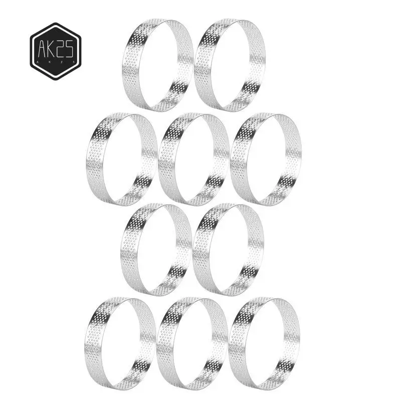 

AK25-10Pack 12Cm Circular Tart Rings With Holes Stainless Steel Fruit Pie Quiches Cake Mousse Mold Kitchen Baking Mould Tool