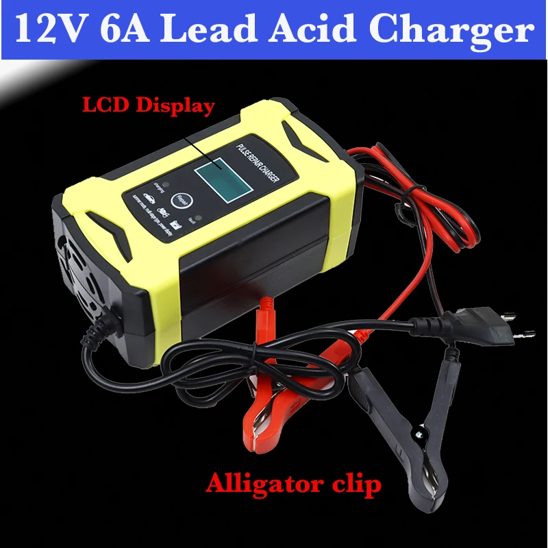 12V 6A Lead acid Battery Charger Fully Automatic Repair Charge For Car Motorcycle Fully Automatic12v LCD display Alligator clip