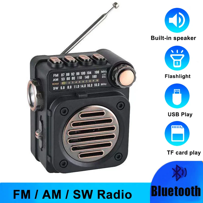 Mini Radio Portable Pocket FM AM SW Stereo Radios Receiver Multifunctional Wireless Bluetooth Music Player with LED Flashlight