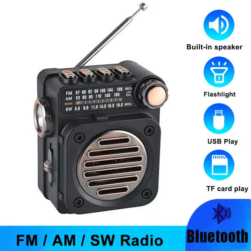 Mini Radio portátil de bolsillo FM AM SW, receptor de Radio estéreo, reproductor de música inalámbrico multifuncional con Bluetooth, linterna LED