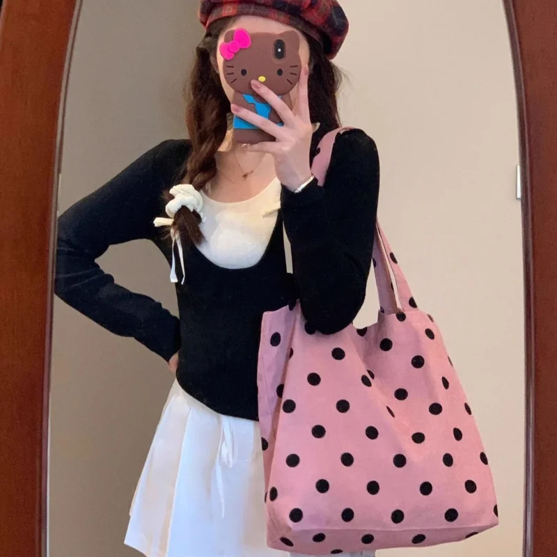 

2024 New Early Spring Pink Polka Dot Little Tote Assorted Item Can Be Cute Love Print Original Design Single Shoulder Canvas Bag