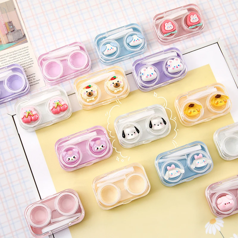 Caja de lentes de contacto Kawaii Sanrio Cinnamoroll Kuromi, estuche de lentes de contacto de viaje portátil con pinzas, dibujos animados, lentes lindas, herramientas de enfermería