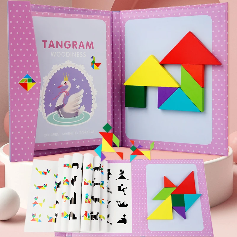 Livro de quebra-cabeça portátil Tangram magnético para crianças, brinquedos de madeira, brinquedos educativos, aprender e brincar, educação