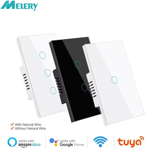 Melery WiFi inteligente Tuya. Interruptor de luz Panel de cristal con Sensor táctil con/sin cable neutro EE. UU., por Alexa Google Home 1/2/3/4 Gang