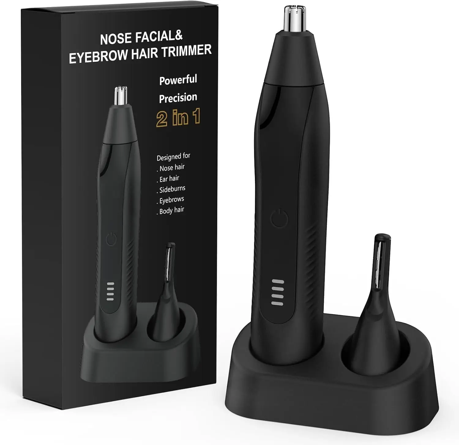 

Painless Rechargeable Nose & Eyebrow Trimmer for Men, Dual Edge Blades, Portable Design in Black