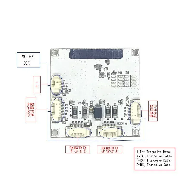 Placa de interruptor Ethernet Industrial de 4 10/100M, fuente de alimentación de puerto 802.3af/AT, interruptor de 100M, separación PD, 12vTemperatura-40 a 75 ℃