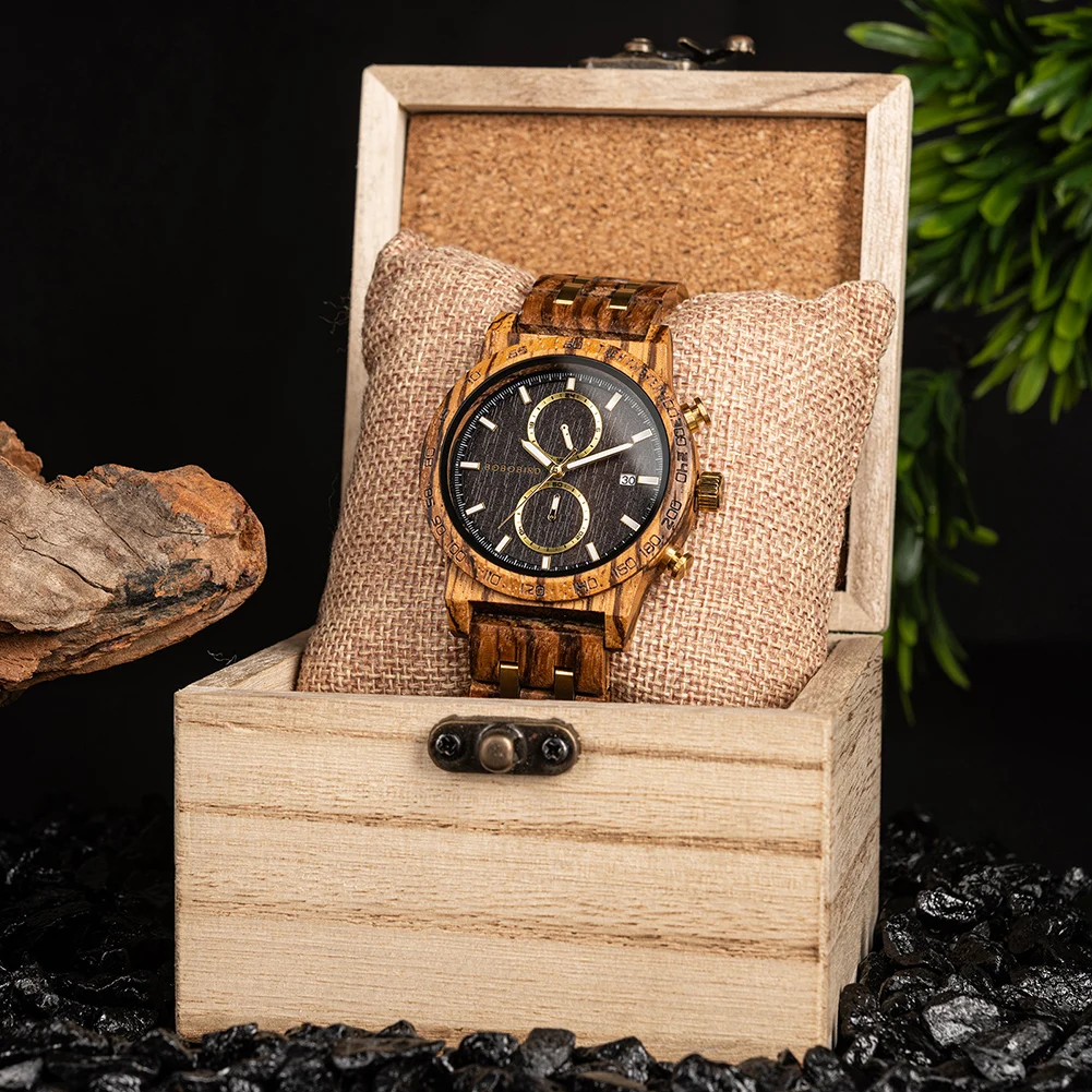 BOBO BIRD Luxury Wood Watch Men Timepieces Chronograph Auto Date Male Quartz Wristwatches Great Gift For Men Custom Dropshipping