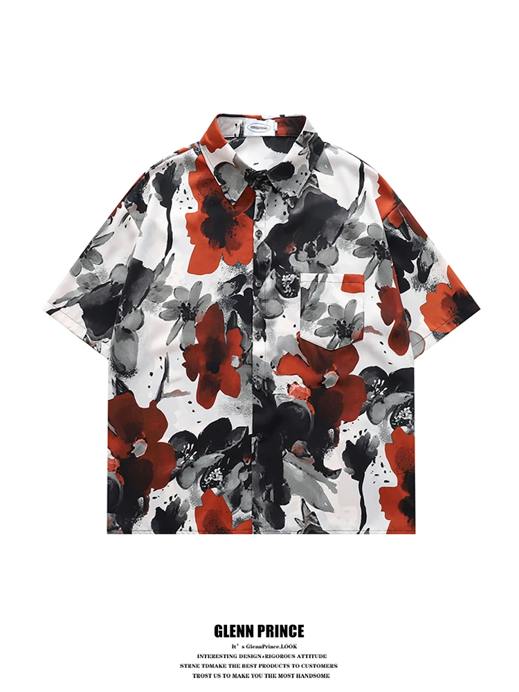 

GPstudio Men's ort Sve Silk irt Watercolor Print Retro Sle Summer Casual Breathable Faionable Vaion Wear