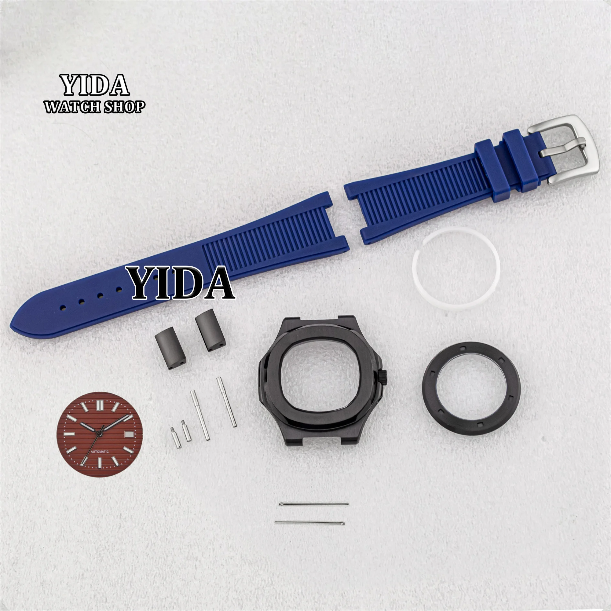 

41mm NH35 Case Rubber Band Steel PVD Black Watch Case Green Luminous Dial Hands 10ATM Waterproof Fit Nautilus NH35 Movement MOD