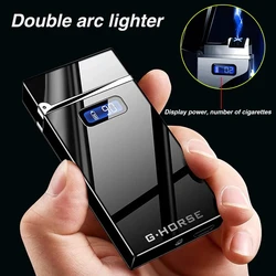 Electric Pulse Plasma Touch Sensing Outdoor Windproof Metal Lighter Portable LED Display Dual Arc Flameless Lighter Gift for Men