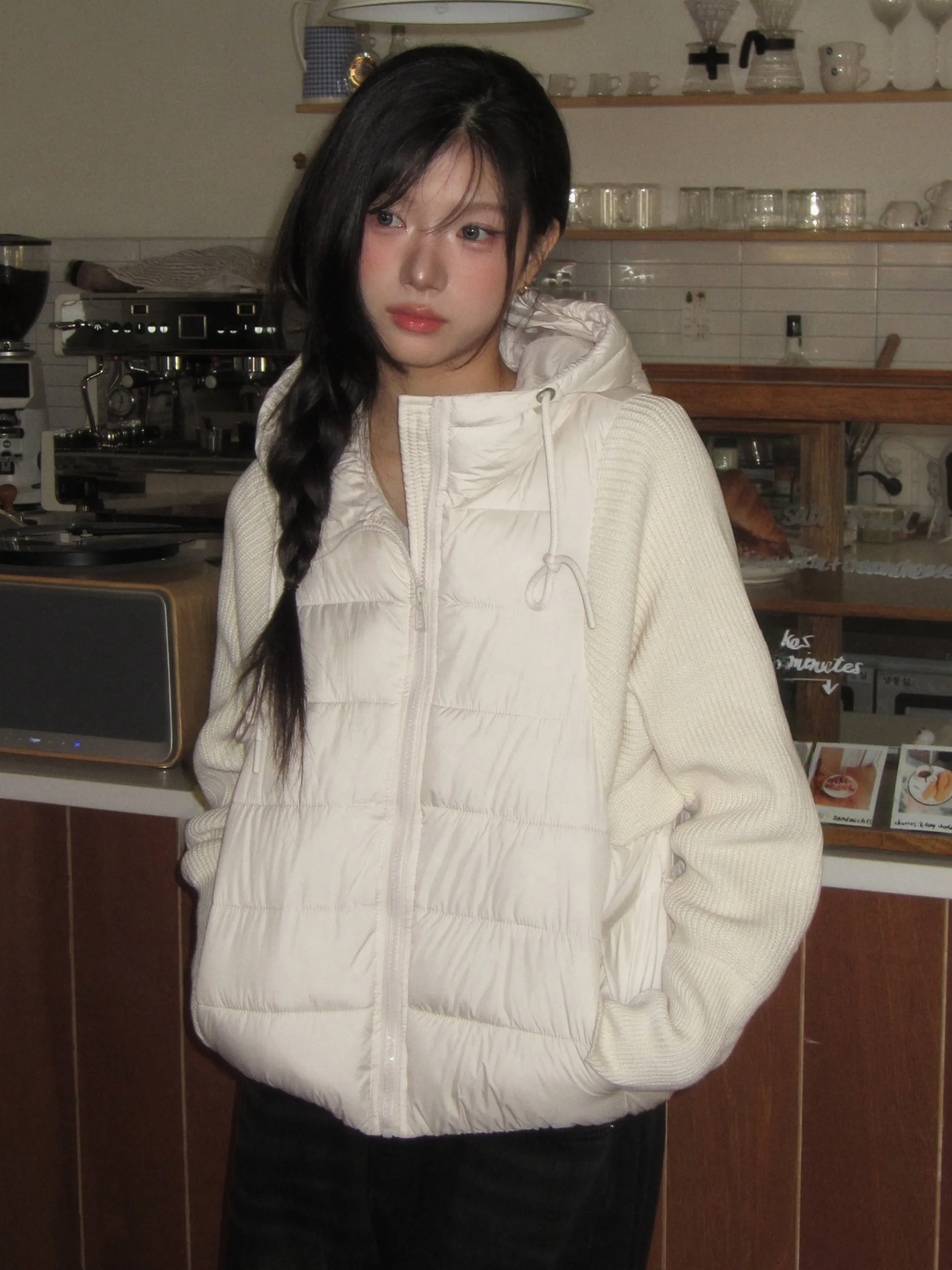 Koreańska dzianinowa kurtka z kapturem, patchworkowa, bawełniana, damska, zimowa, luźna, imitacja dwuczęściowej, ciepła kurtka z bawełny ort.