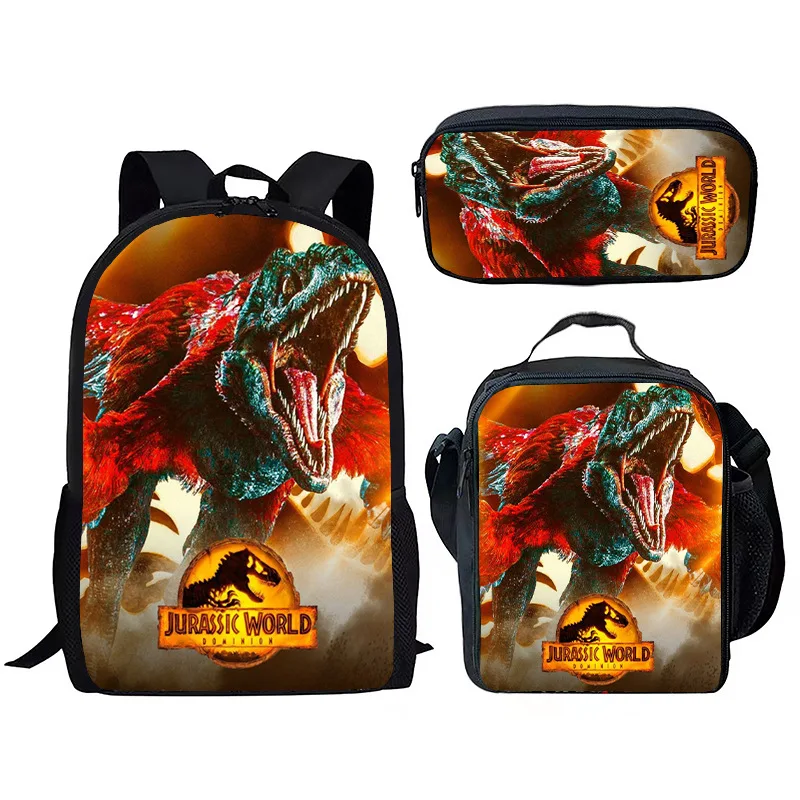 Jurassic World Dinossauro Mochila, Escola Estudante Bookbag para Adolescentes Homens, Mochila Laptop, Lunch Bag, Estojo de Lápis, 3D Impresso, 3Pcs por Conjunto