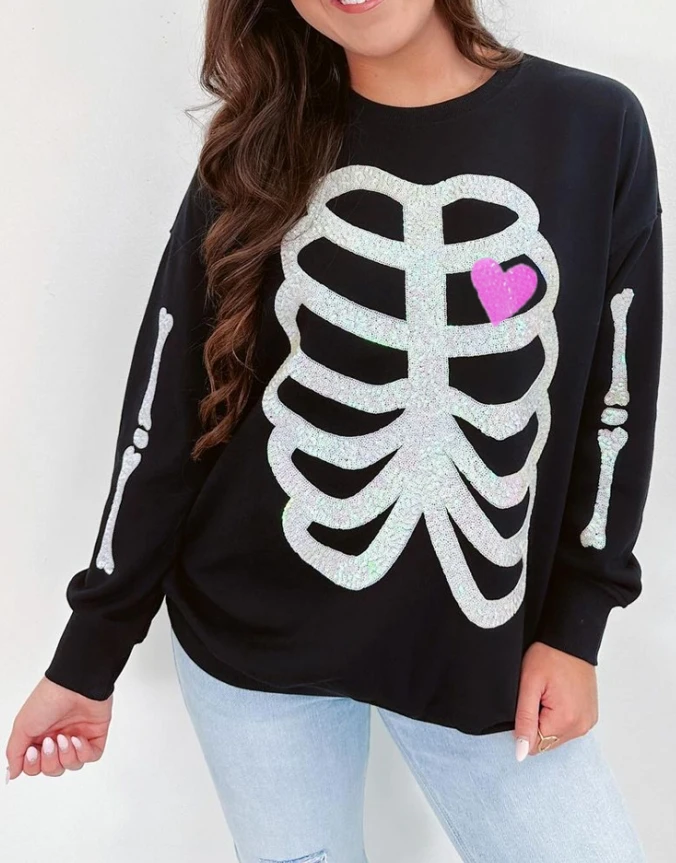 

Women's Tops Casual Trendy Halloween Skeleton Glitter Sequin Design Tee Top Round Neck Long Sleeve Loose Pullover Sweatshirt