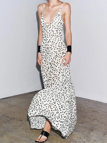 Imagen 2 del producto Sisterlinda-maxivestido clásico con estampado de puntos, atractivo, Sexy, con tirantes finos, cuello bajo, drapeado, tendencia de fiesta, ceñido al cuerpo