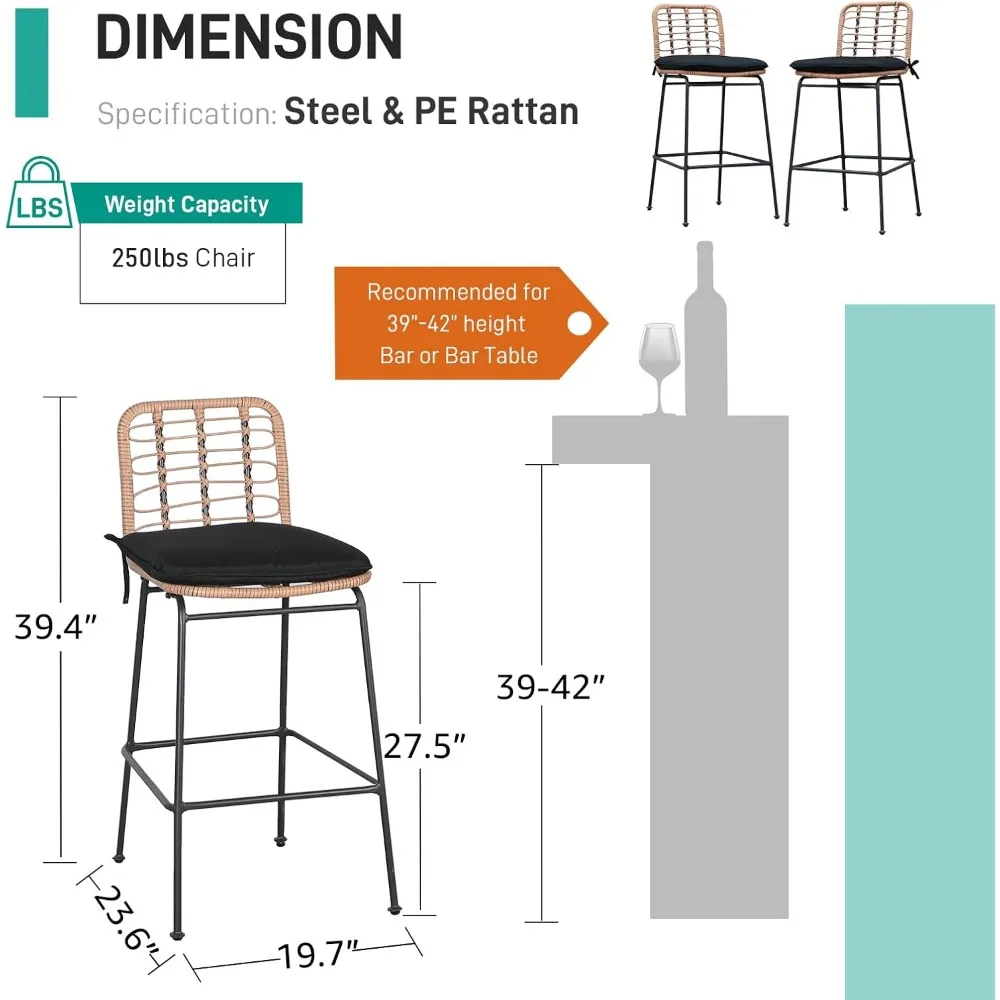 مجموعة مقاعد بار خارجية مكونة من 4 قطع، ومقاعد بارتفاع منضدة الفناء وكراسي بار مع مسند للقدمين، مجموعة بار من الخيزران البيج المنسوج يدويًا بدون ذراع