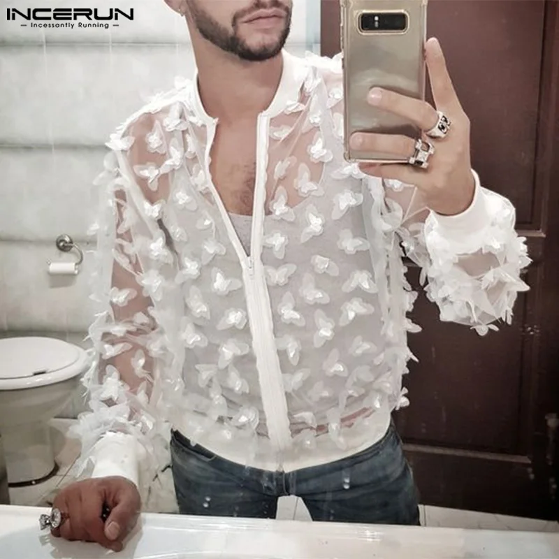 Men Shirt Mesh Patchwork Transparent Long Sleeve Zipper Men Clothing Streetwear Sexy 2024 Fashion Party Casual Shirts INCERUN