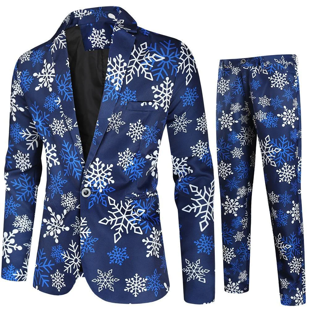 Anime Mens cappello di natale blu rosso giacca divertente albero di natale pupazzo di neve stampato un bottone Blazer aperto davanti Business Office abiti da lavoro