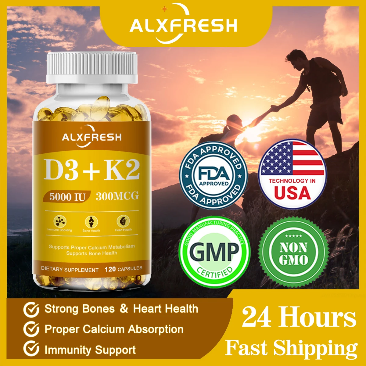 Alxfresh Organic Vitamin D3K2 Capsule, Calcium Absorption, Bone, Immune System Support Non-GMO Gluten Free