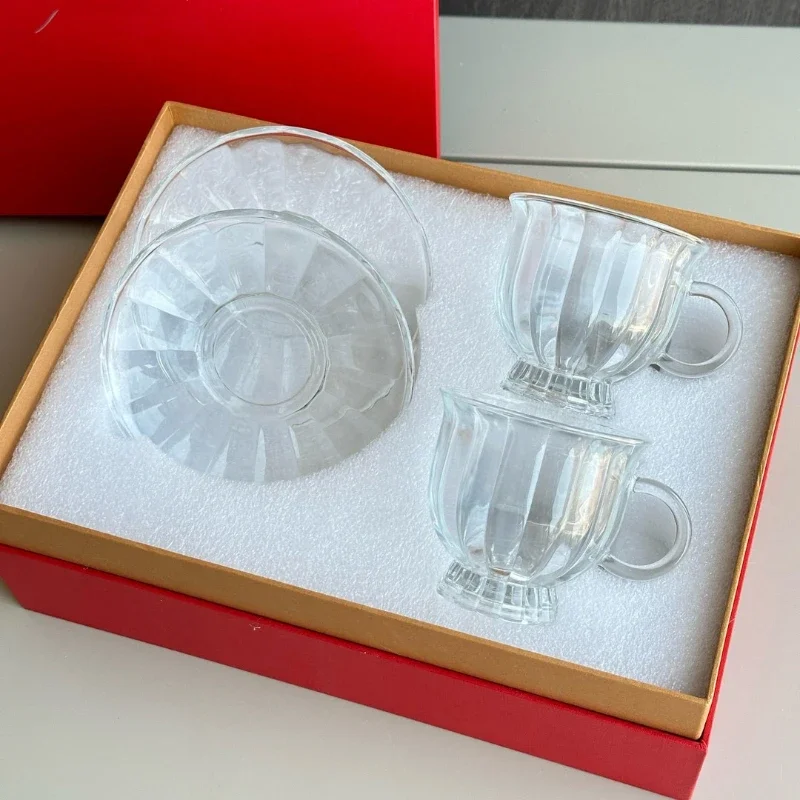 Gift Boxed Striped Glass Goblet Vintage Coffee Mug Set High Borosilicate Resistant Lead-free Glass European Tea Set Gift