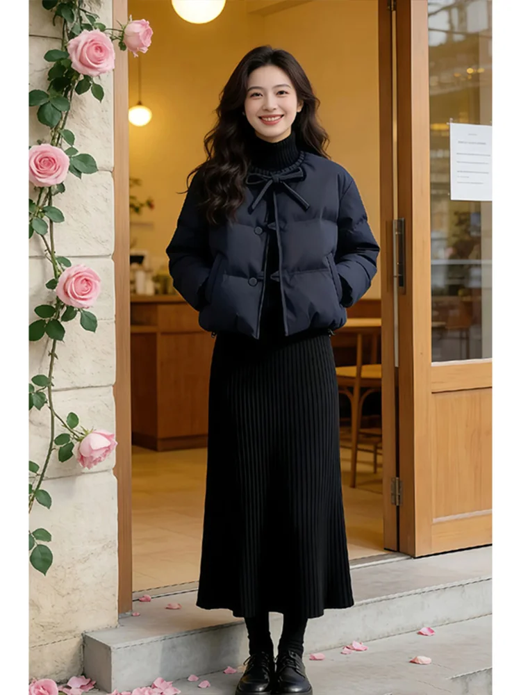 

Korean Style Short Pure Color Bow Tie Cotton Jacket Women's Commute Fashion Outerwear Winter Thickened Casual Coat