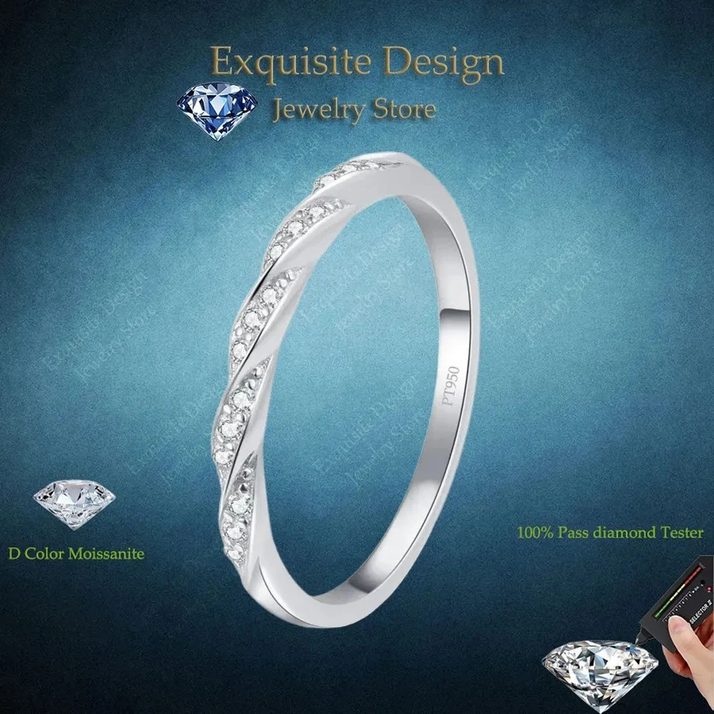 Women Ripple Starry Sky Platinum Pt950 Birthday Gift Rings 0.12CT Moissanite Diamond Wedding Band Daughter Adult's Day