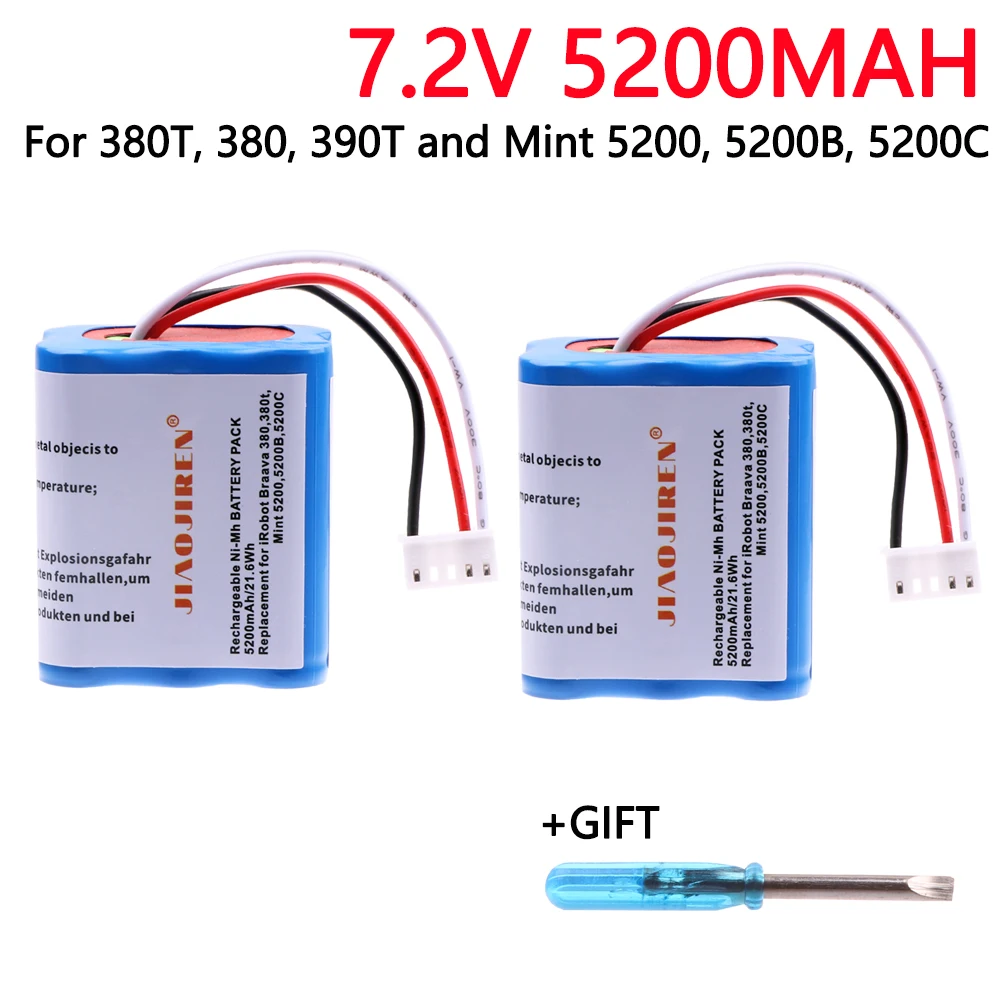 7.2V 5200mAh NI-MH Battery for iRobot Roomba Braava 380 380T Mint 5200c Ni-MH uograded  2500mAh  7.2v Rechargeable battery