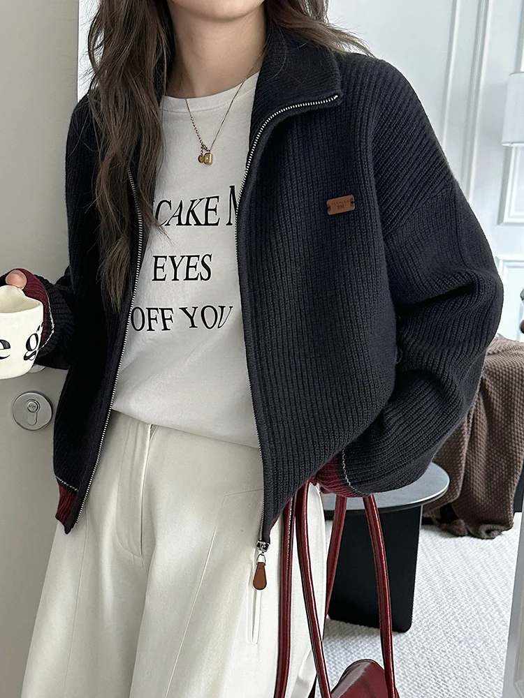 Autumn Winter Women 100% Merino Wool Cardigan Sweater Clashing Color Zipper Cashmere Knit Versatile Warm Long Sleeve Jackets