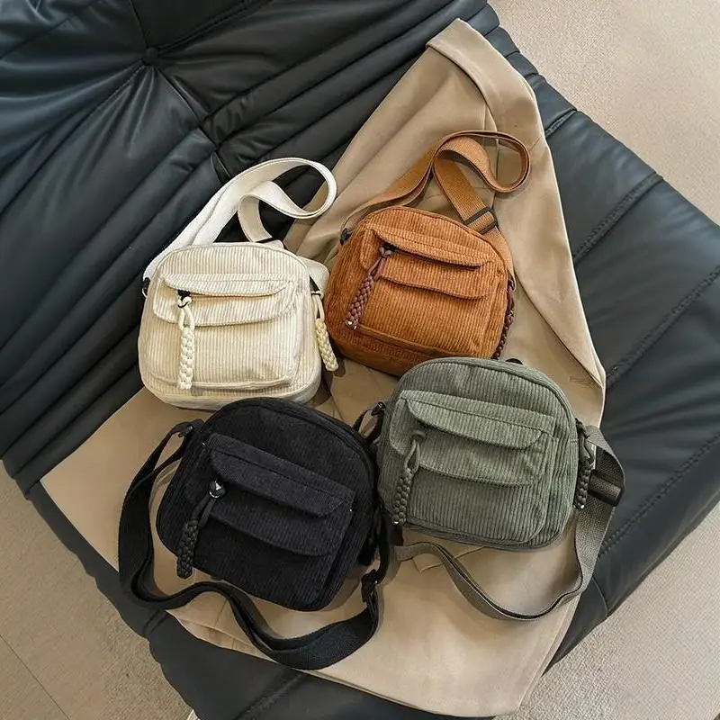 Corduroy Crossbody Bag Adjustable Strap Multiple Pockets Skin-Friendly Soft Sling Bag for Kids Teens Outdoor Play